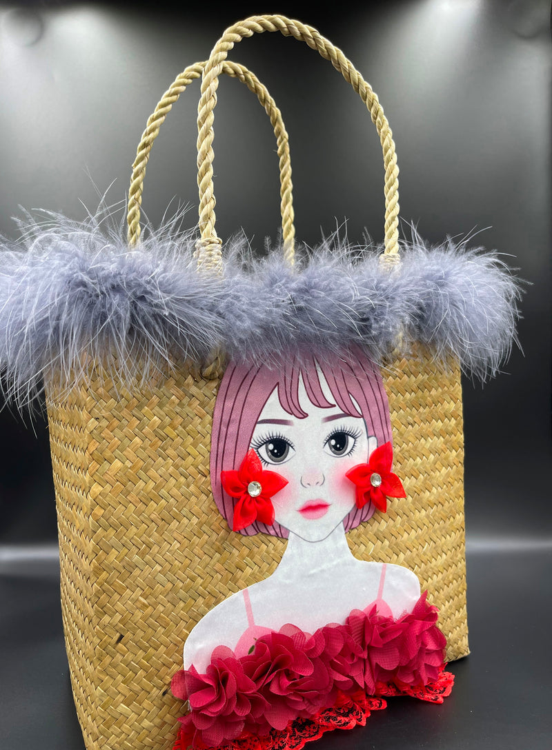 Reimagined Straw Basket….Marabou, Sparkles and Lace!