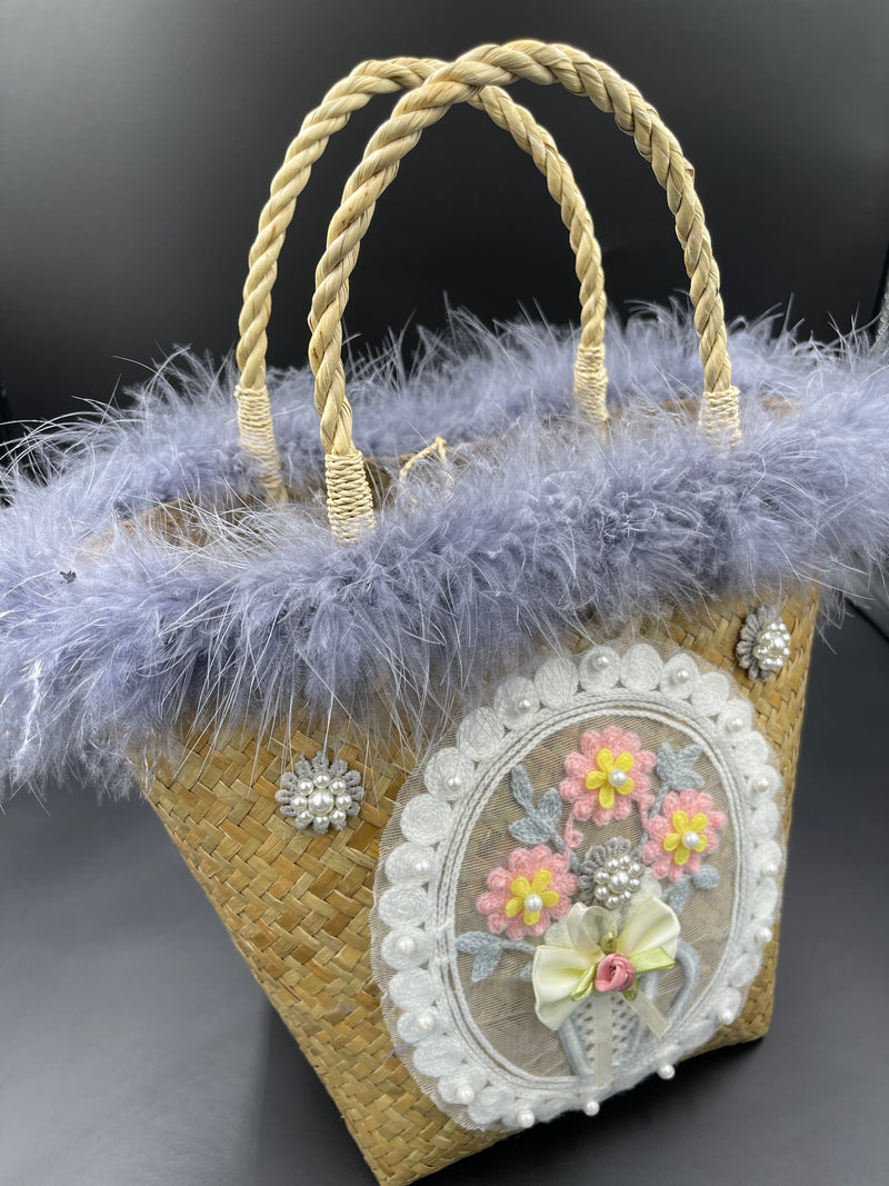 Reimagined Straw Basket….Marabou and Pearls!