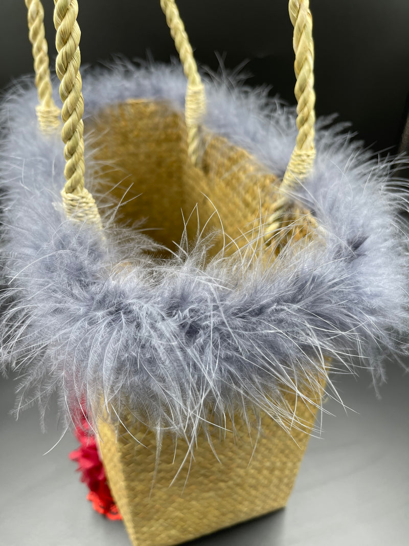 Reimagined Straw Basket….Marabou, Sparkles and Lace!